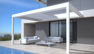 Suncomfort - outdoor living - pergola - Op palen - skye - dak met kantelbare en openschuivende lamellen - renson